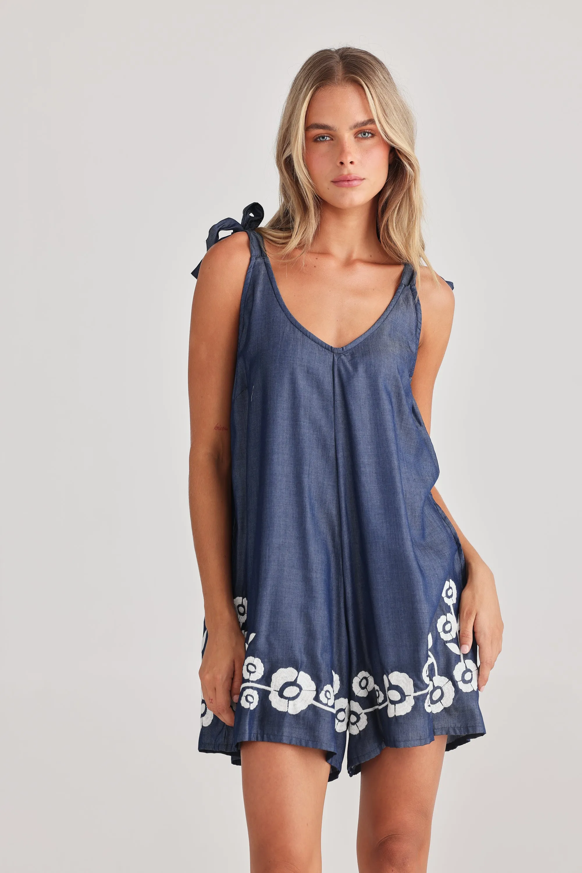 Temple Playsuit in Denim Embroidery