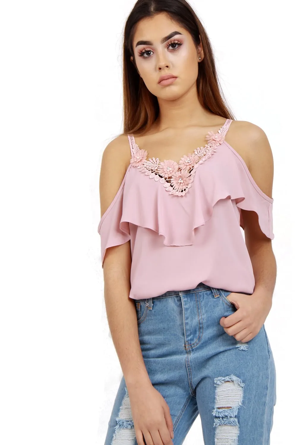 V Neck Floral Embellished Pearl Cami Cold Shoulder Top