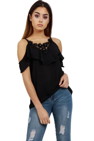 V Neck Floral Embellished Pearl Cami Cold Shoulder Top