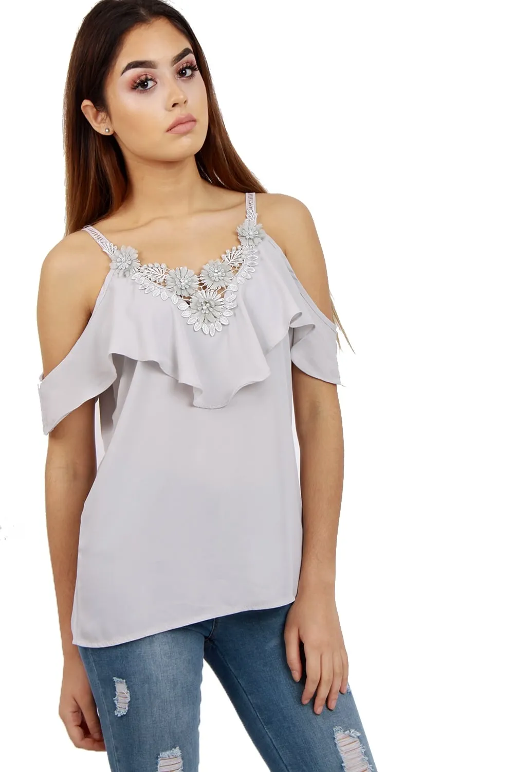 V Neck Floral Embellished Pearl Cami Cold Shoulder Top