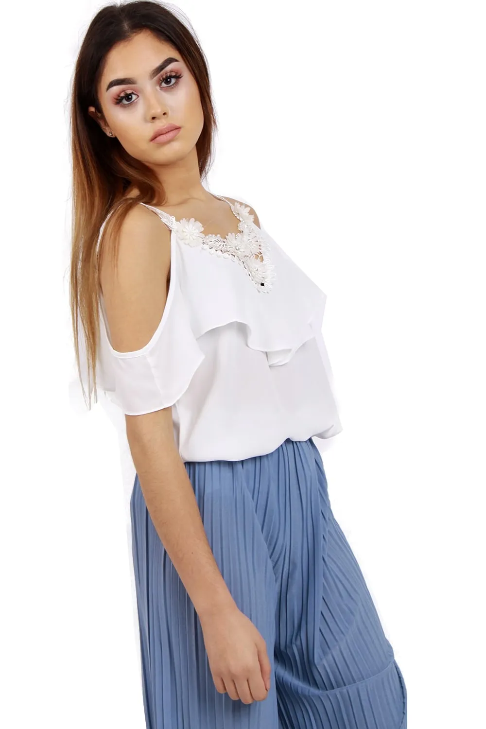 V Neck Floral Embellished Pearl Cami Cold Shoulder Top