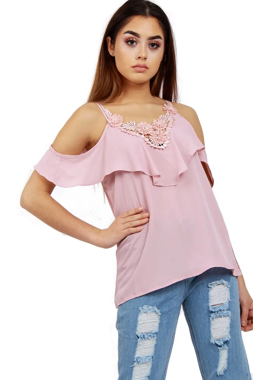 V Neck Floral Embellished Pearl Cami Cold Shoulder Top