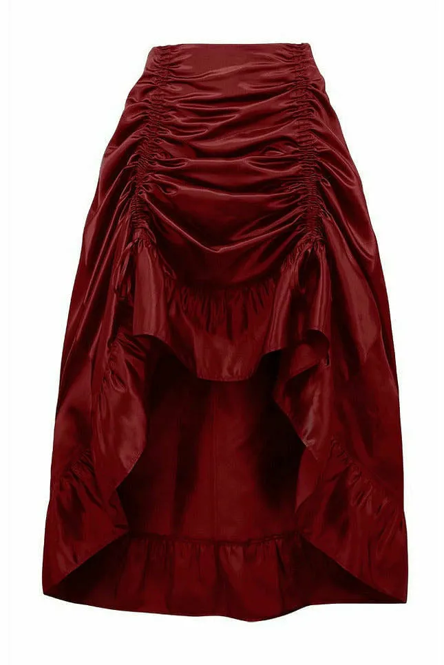 Wine Satin Hi Low Ruched Ruffle Skirt