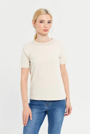 Women Beige Neck Trim Detailed T-Shirt