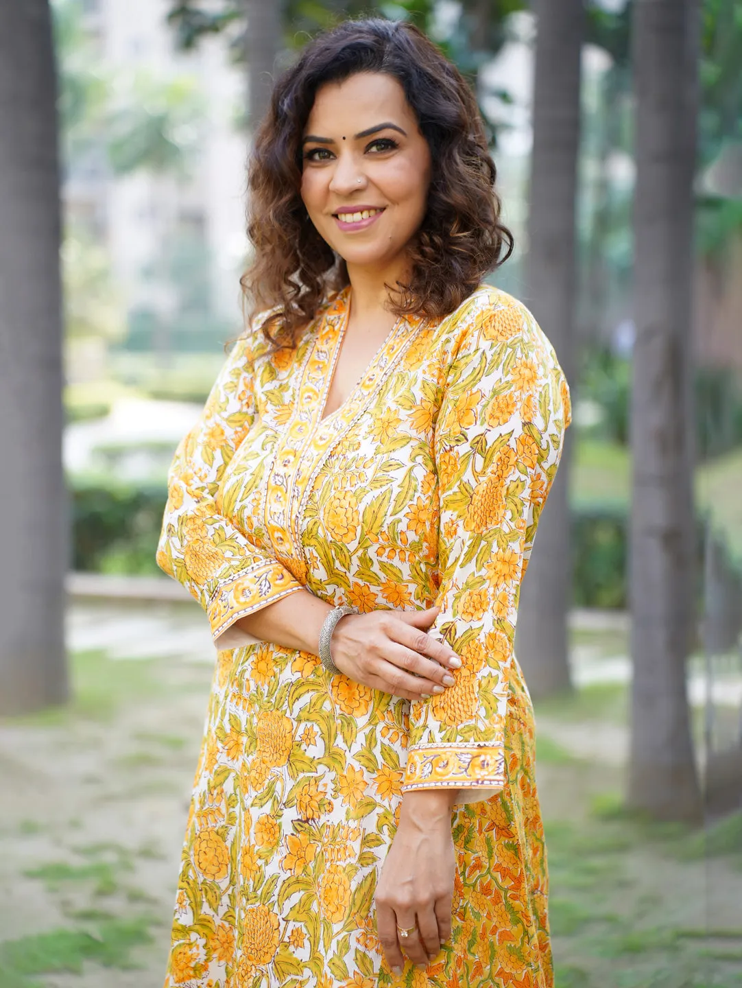 Women's Cotton Yellow & White Kali Kurti