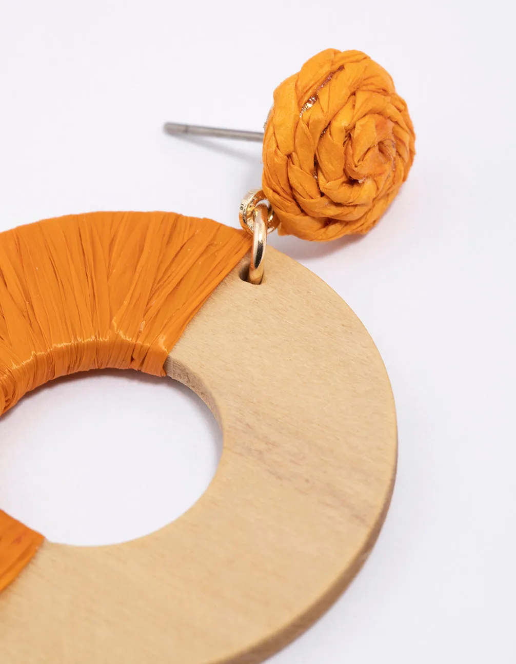 Wood Round Disc Raffia Earrings