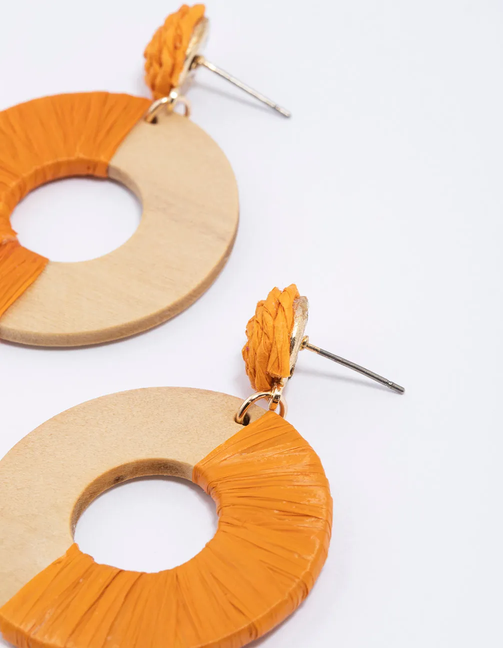 Wood Round Disc Raffia Earrings